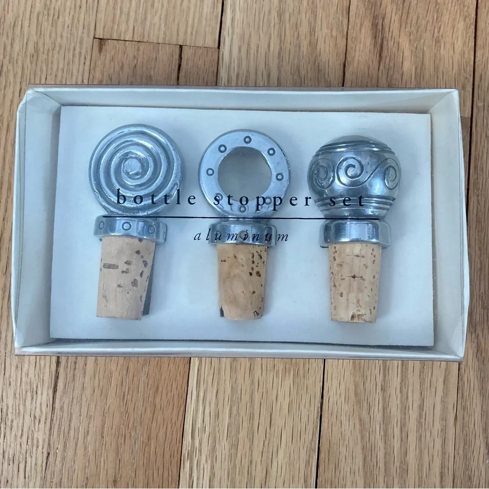 NWT Pier 1 Aluminum and Cork Boxed Bottle Stopper Set of 3